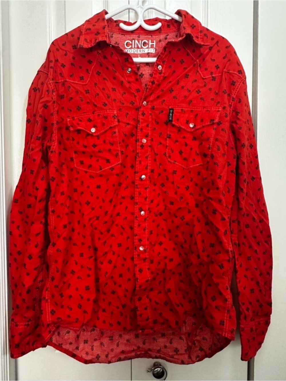 Cinch Red Button-Down Western Shirt with Black Paisley Print #37